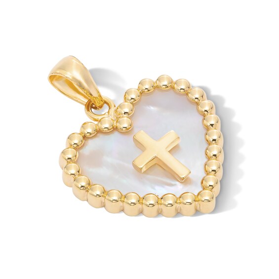 10K Gold Mother-of-Pearl Cross Inside Heart Necklace Charm