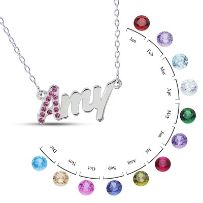 Sterling Silver Crystal Birthstone Initial Name Necklace - 16"