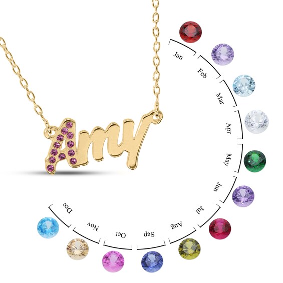 14K Gold Plated Crystal Birthstone Initial Name Necklace - 16"