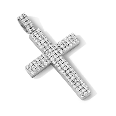 Sterling Silver CZ Three Row Cross Necklace Charm