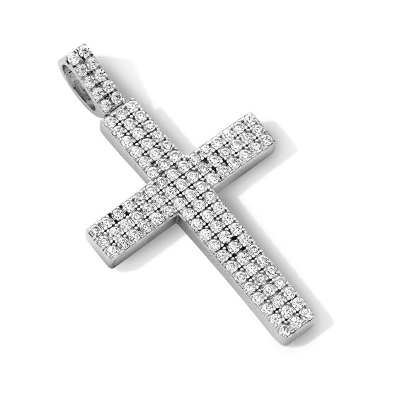 Sterling Silver CZ Three Row Cross Necklace Charm