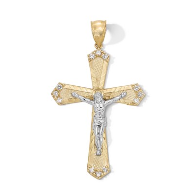 10K Gold CZ Diamond Cut Crucifix Cross Two-Tone Necklace Charm