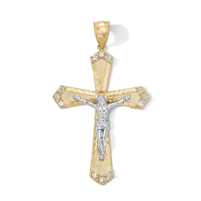 10K Gold CZ Diamond Cut Crucifix Cross Two-Tone Necklace Charm