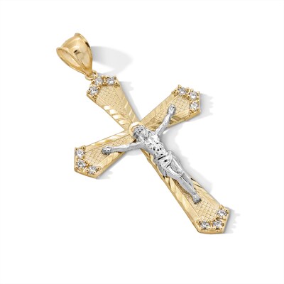 10K Gold CZ Diamond Cut Crucifix Cross Two-Tone Necklace Charm
