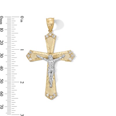 10K Gold CZ Diamond Cut Crucifix Cross Two-Tone Necklace Charm