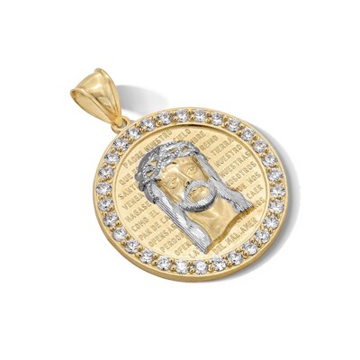 10K Gold CZ Jesus Medallion Two-Tone Necklace Charm