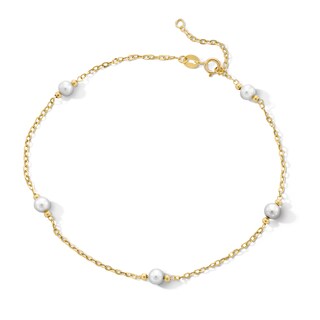 10K Solid Gold Freshwater Cultured Pearl Cable Chain Anklet - 10"