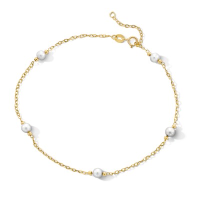 10K Solid Gold Freshwater Cultured Pearl Cable Chain Anklet - 10"