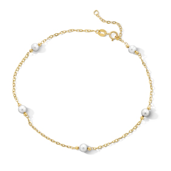 10K Solid Gold Freshwater Cultured Pearl Cable Chain Anklet - 10"