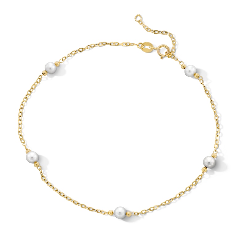 10K Solid Gold Freshwater Cultured Pearl Cable Chain Anklet - 10"