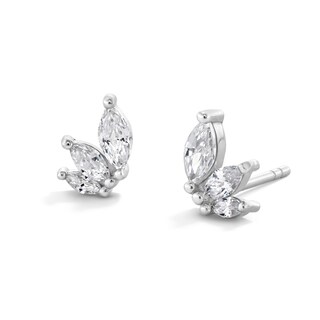 Sterling Silver CZ Marquise Three Stone Leaf Studs