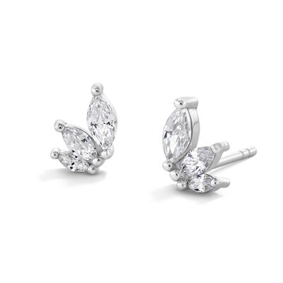 Sterling Silver CZ Marquise Three Stone Leaf Studs