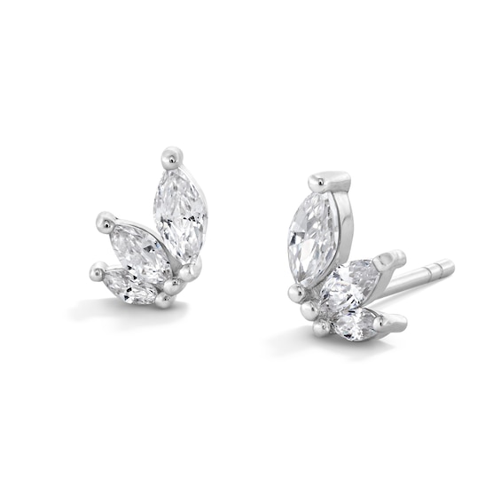 Sterling Silver CZ Marquise Three Stone Leaf Studs