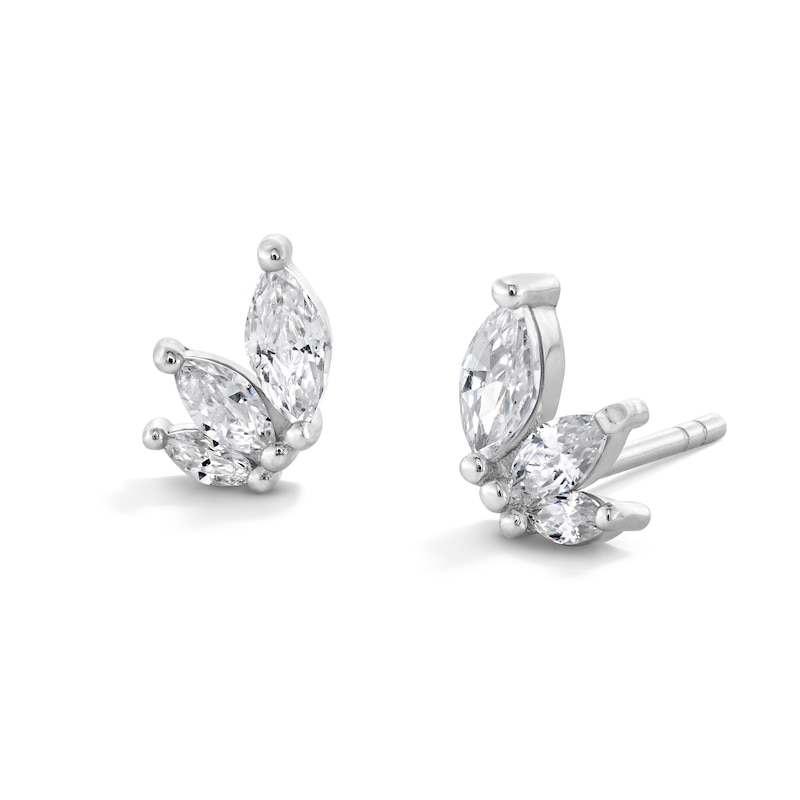 Sterling Silver CZ Marquise Three Stone Leaf Studs