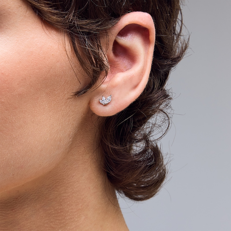 Main Image 2 of Sterling Silver CZ Marquise Three Stone Leaf Studs