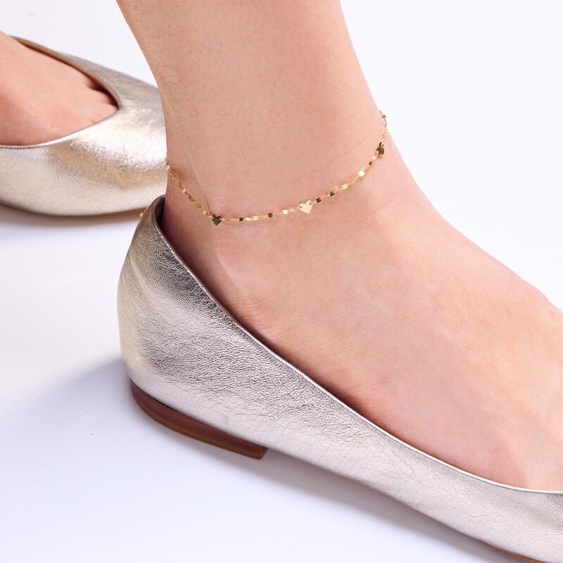 10K Solid Gold Heart Rolo Chain Anklet - 10"