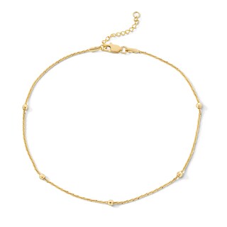 10K Solid Gold Diamond-Cut Beaded Chain Anklet - 10"