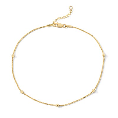 10K Solid Gold Diamond-Cut Beaded Chain Anklet - 10"