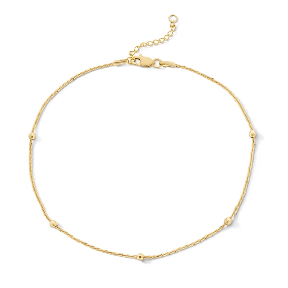 10K Solid Gold Diamond-Cut Beaded Chain Anklet - 10"