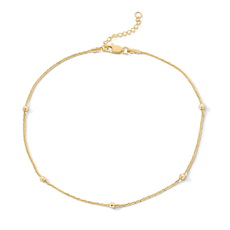 10K Solid Gold Diamond-Cut Beaded Chain Anklet - 10"