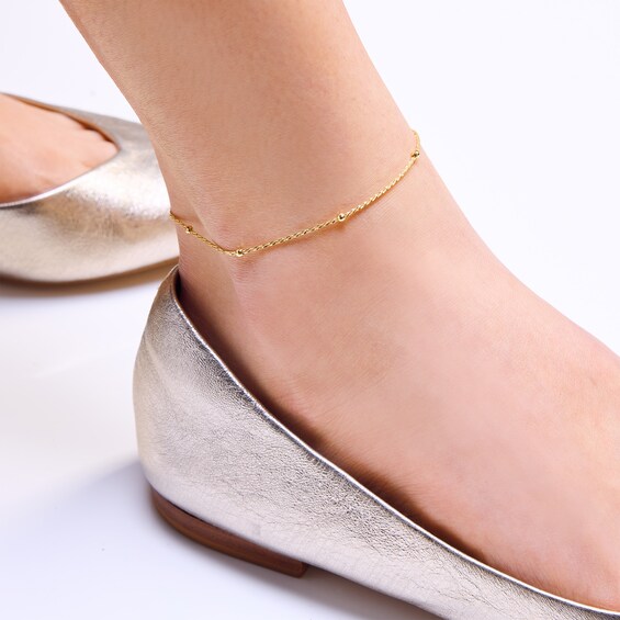 10K Solid Gold Diamond-Cut Beaded Chain Anklet - 10"