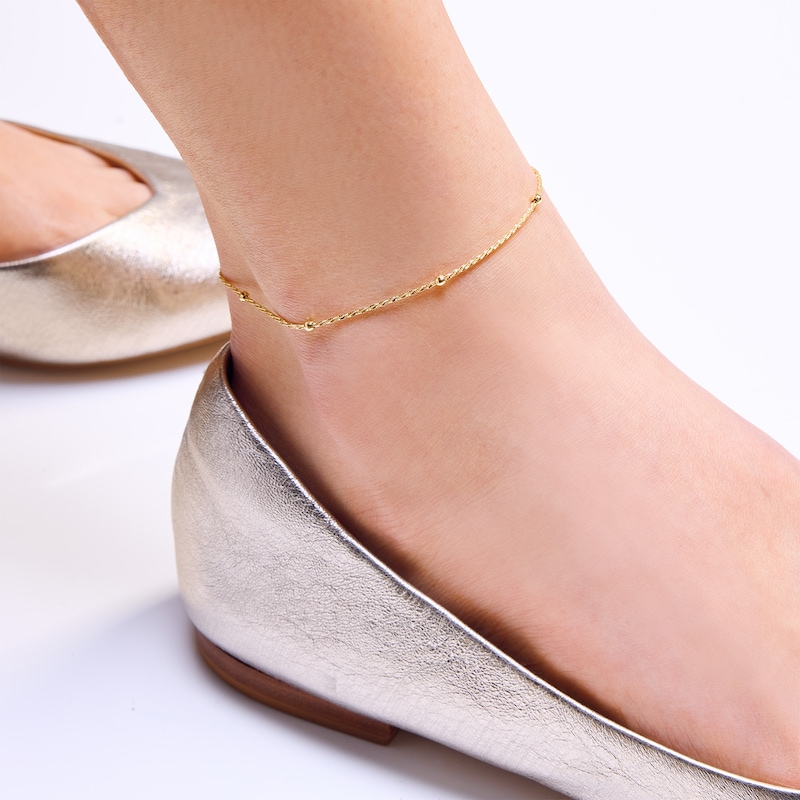 Main Image 2 of 10K Solid Gold Diamond-Cut Beaded Chain Anklet - 10"