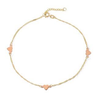 10K Solid Gold Heart Two-Tone Chain Anklet - 9" + 1"
