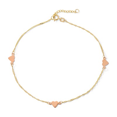 10K Solid Gold Heart Two-Tone Chain Anklet - 9" + 1"