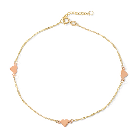 10K Solid Gold Heart Two-Tone Chain Anklet - 9" + 1"