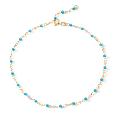 10K Solid Gold Blue Enamel Chain Anklet - 10"