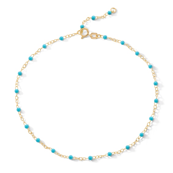 10K Solid Gold Blue Enamel Chain Anklet - 10"