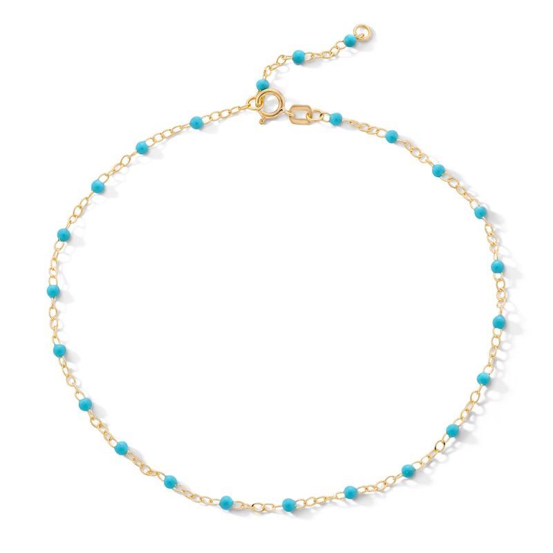 10K Solid Gold Blue Enamel Chain Anklet - 10"