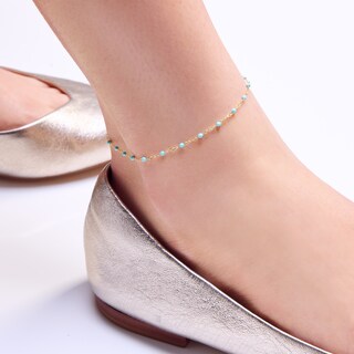 10K Solid Gold Blue Enamel Chain Anklet - 10"