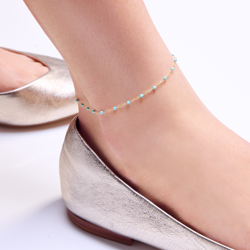 Main Image 2 of 10K Solid Gold Blue Enamel Chain Anklet - 10"