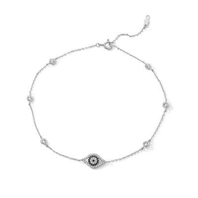 Sterling Silver CZ Evil Eye Cable Chain Anklet - 10"
