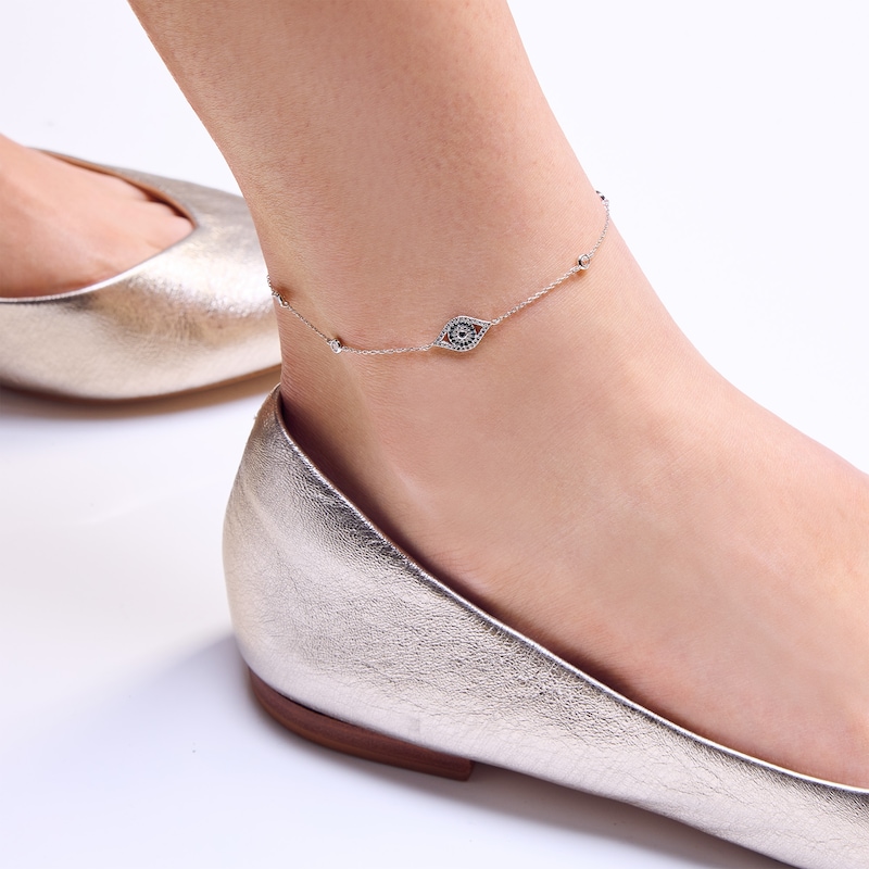 Main Image 2 of Sterling Silver CZ Evil Eye Cable Chain Anklet - 10"