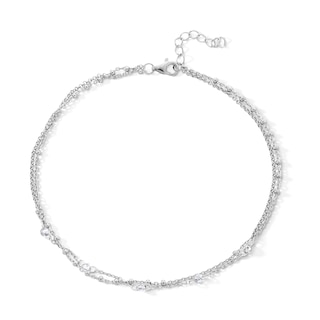Sterling Silver CZ Double Cable Chain Anklet - 9" + 1"