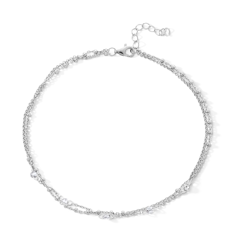 Sterling Silver CZ Double Cable Chain Anklet - 9" + 1"