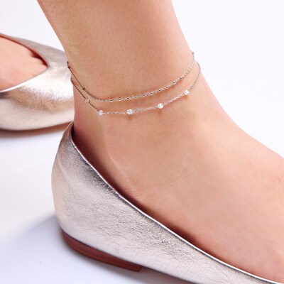 Sterling Silver CZ Double Cable Chain Anklet - 9" + 1"