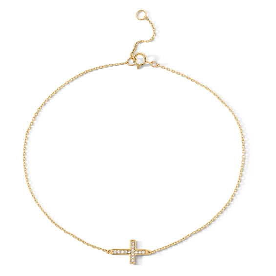 10K Solid Gold CZ Cross Chain Anklet - 10"