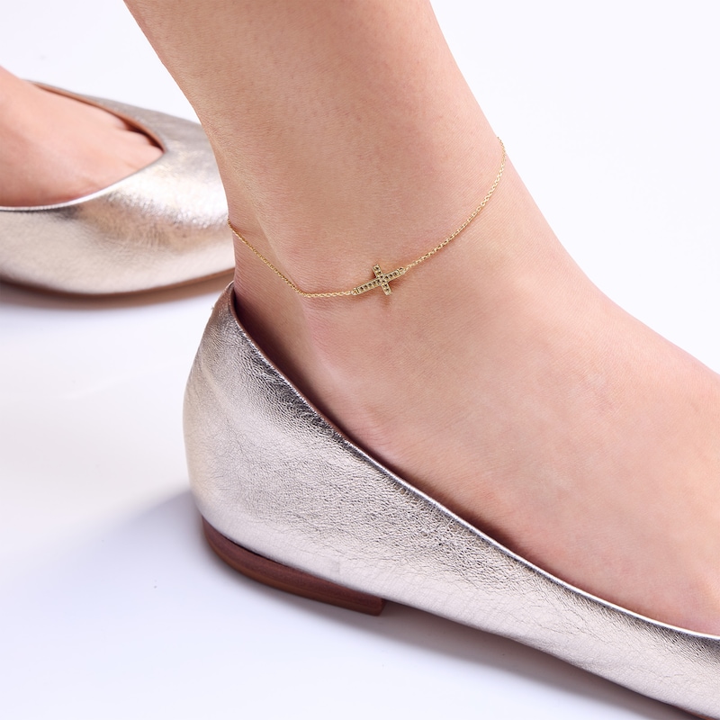 Main Image 2 of 10K Solid Gold CZ Cross Chain Anklet - 10"