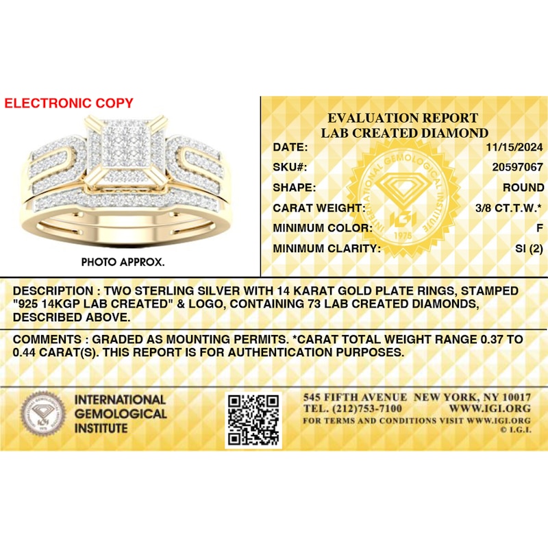 Main Image 7 of 14K Gold Plated 3/8 CT. T.W. Lab-Grown Diamond Square Ring Set - Size 7