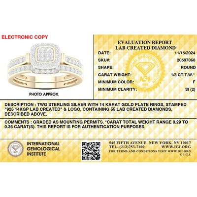 14K Gold Plated 1/3 CT. T.W. Lab-Grown Diamond Cushion Ring Set - Size  7