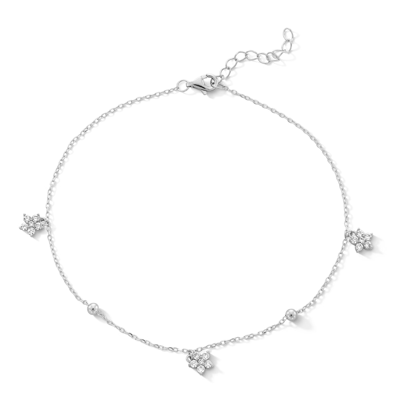 Sterling Silver CZ Flower Cable Chain Anklet - 9" + 1 "