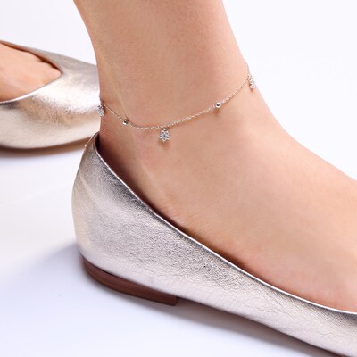 Sterling Silver CZ Flower Cable Chain Anklet - 9" + 1 "