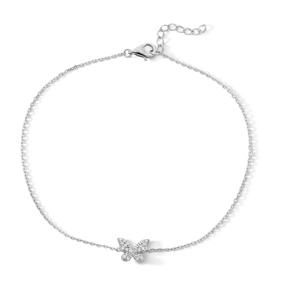 Sterling Silver CZ Butterfly Rolo Chain Anklet - 9" + 1"
