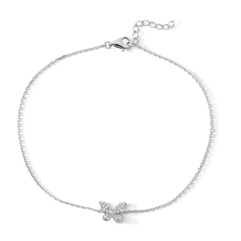 Solid Sterling Silver CZ Butterfly Anklet - 9" + 1"