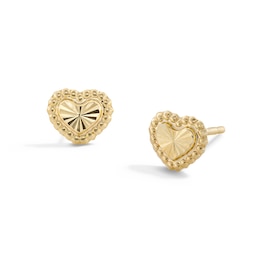 10K Gold Beaded Diamond-Cut Heart Studs