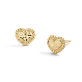 10K Gold Beaded Diamond-Cut Heart Studs