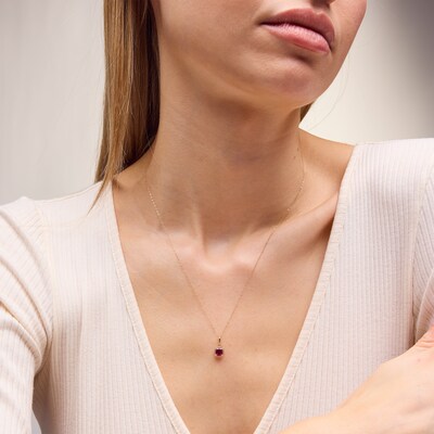 10K Gold CZ and Lab-Created Ruby Birthstone Pendant - 18"